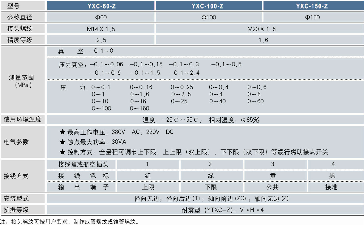 YXC-100-ZⅢ軸向帶邊耐震電接點壓力表技術參數